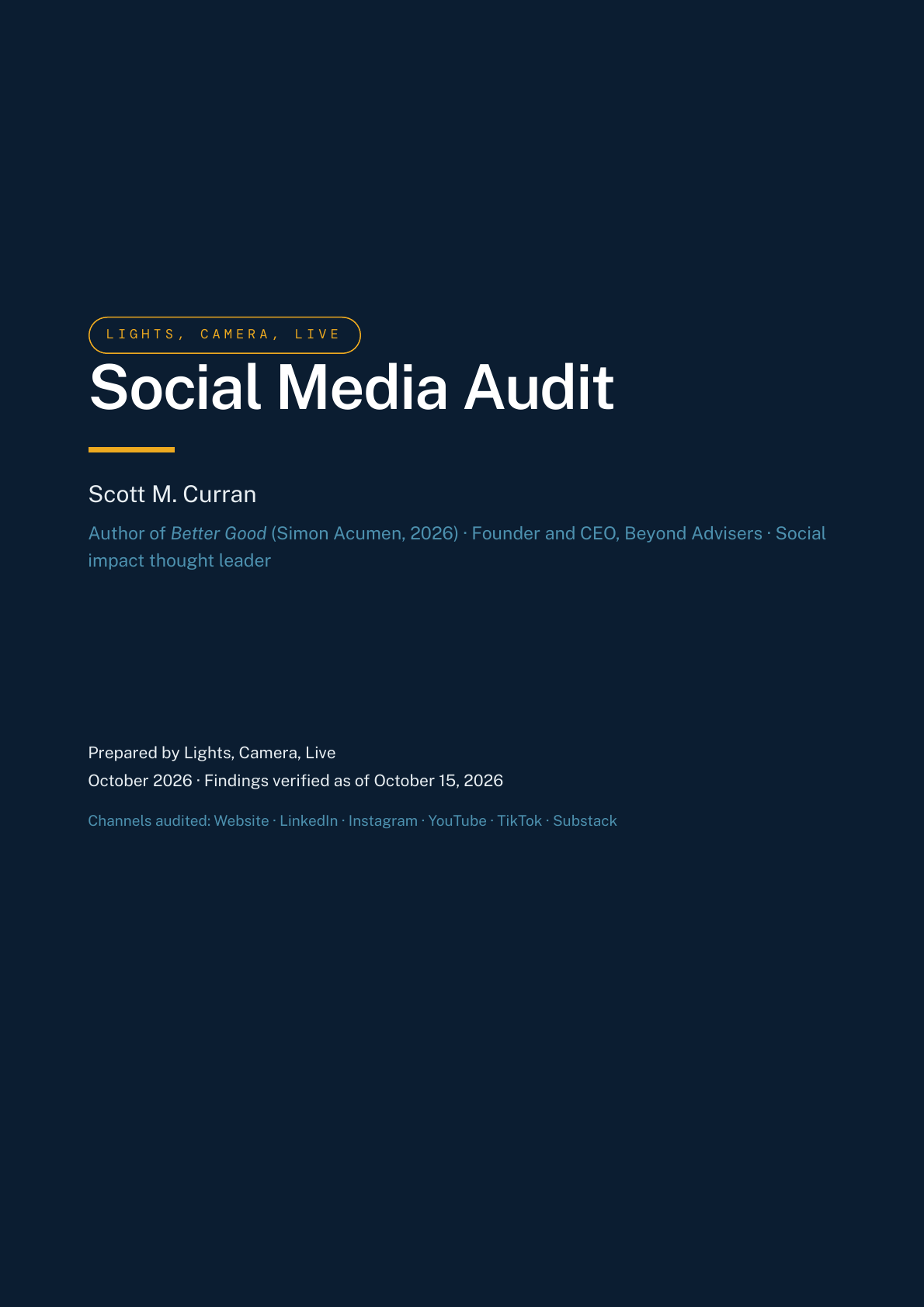 Cover of the Social Media Audit for Scott M. Curran, prepared by Lights, Camera, Live